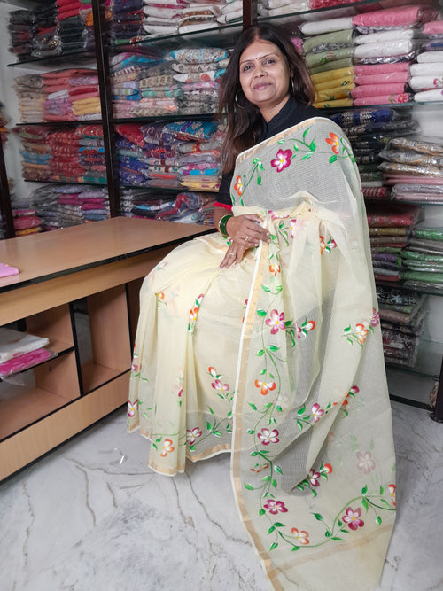 Lemon yellow color kota doriya  hand painted saree