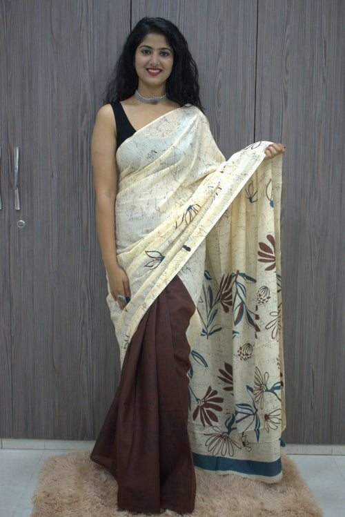 Beige with brown color mulmul cotton saree