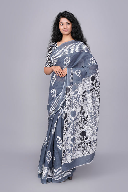 Grey color mulmul cotton saree