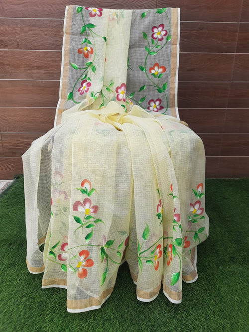 Lemon yellow color kota doriya  hand painted saree