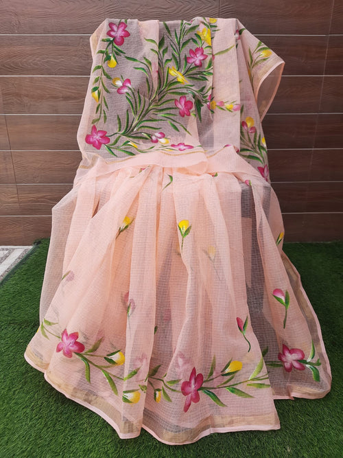 Peach color kota doriya  hand painted saree