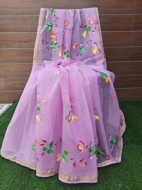 Lavender color Kota doria hand painted  saree