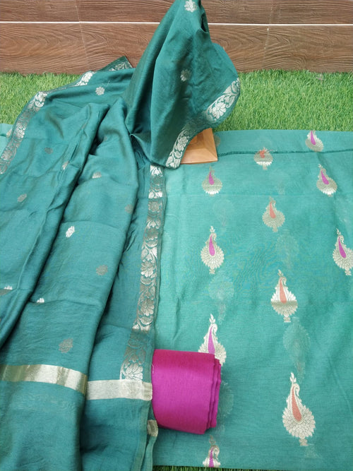 Green Banarasi Suit With  Chanderi Zari Border Dupatta