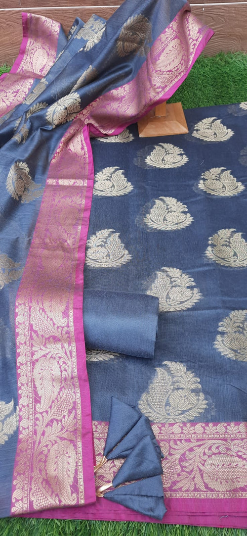Blue Banarasi Suit With  Chanderi Zari Border Dupatta