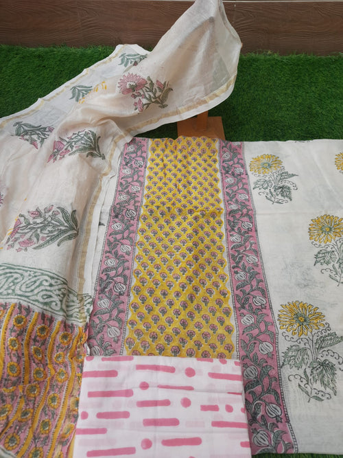 white with yellow color cotton  hand block print suit