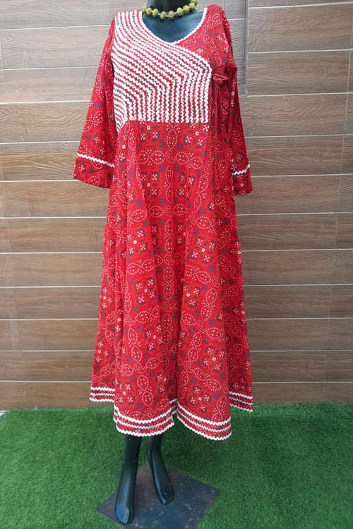 RED COTTON BANDHANI PRINT DRESS