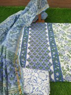 white with blue color cotton hand block print suit