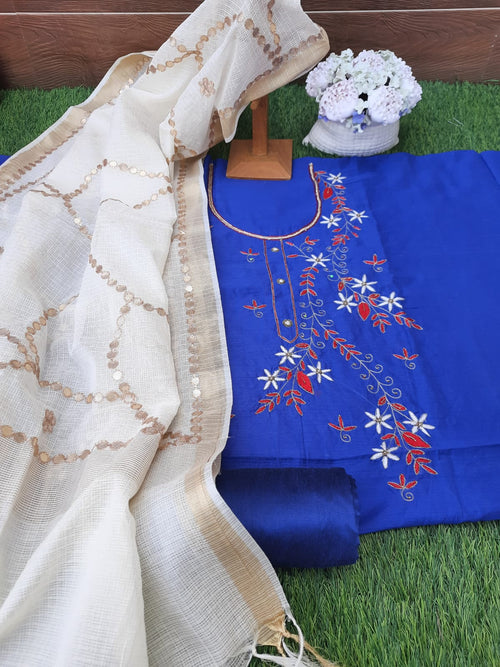 Blue  color handloom chanderi silk with aari handwork dress material