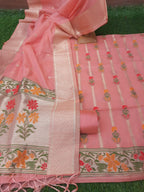 Peach color soft banarsi silk meenakari weaving zari suit