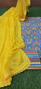 Lemon yellow cotton suit with chiffon dupatta