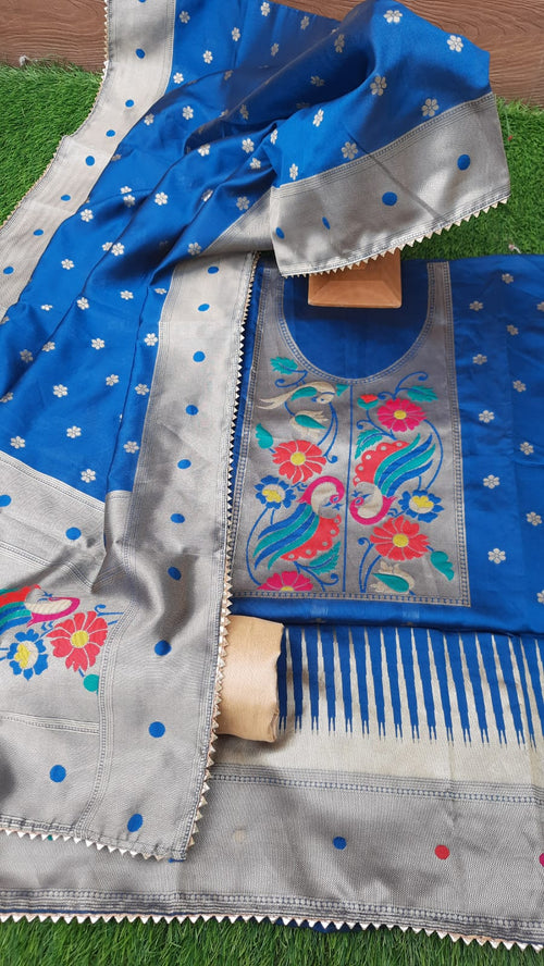 Blue color soft silk zari weaving pathani suit