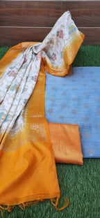 Pigeon color silk zari weaving with multicolor dupatta