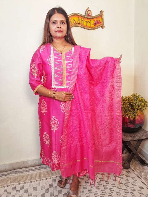 PINK COLOR CHANDERI BLOCK PRINT STITCHED SUIT WITH CHANDERI DUPATTA