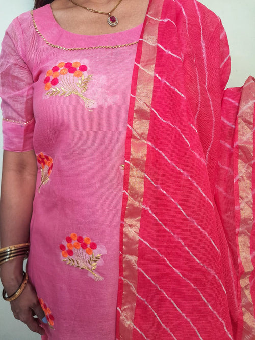 Pink color supernet stitched suit with kota doriya dupatta