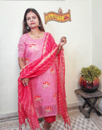 Pink color supernet stitched suit with kota doriya dupatta