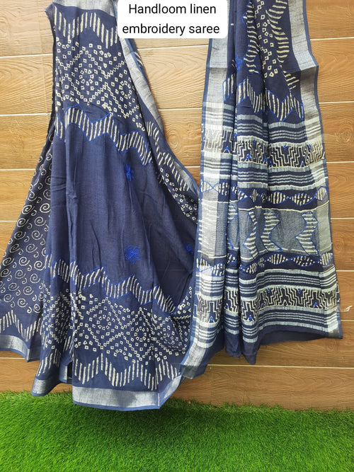 BLUE HANDLOOM LINEN SAREE WITH EMBROIDERY WORK