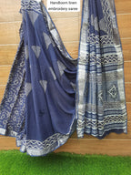 BLUE HANDLOOM LINEN  SAREE WITH EMBROIDERY WORK