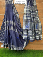 BLUE HANDLOOM LINEN SAREE WITH EMBROIDERY WORK