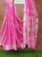 PINK HANDLOOM LINEN  SAREE WITH EMBROIDERY WORK