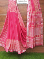 PINK HANDLOOM LINEN SAREE WITH EMBROIDERY WORK