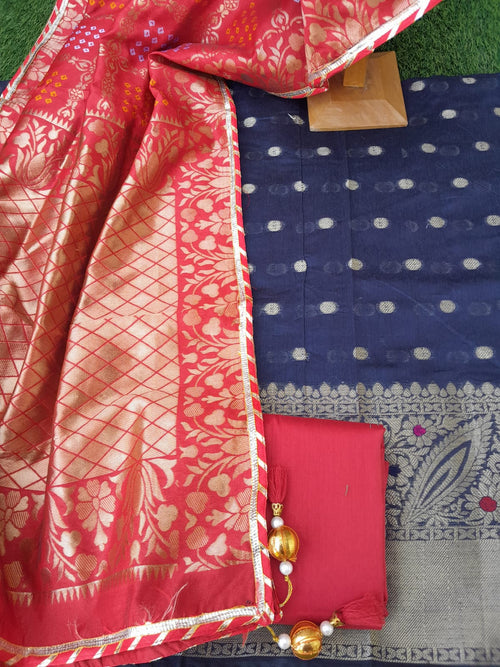 Blue Banarasi Suit With Red Banarasi Dupatta