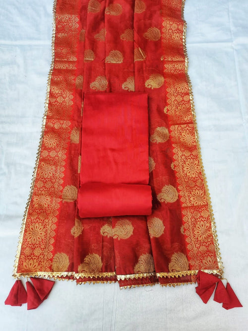 Red color silk fabric with banarsi silk dupatta