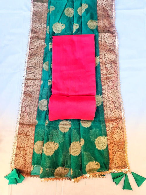 Red color silk fabric with banarsi silk dupatta