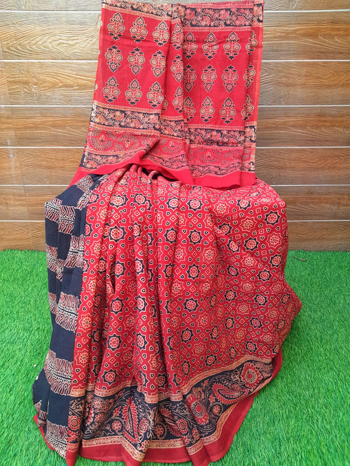Ajrakh print rust color cotton mulmul saree - Aaditri fab