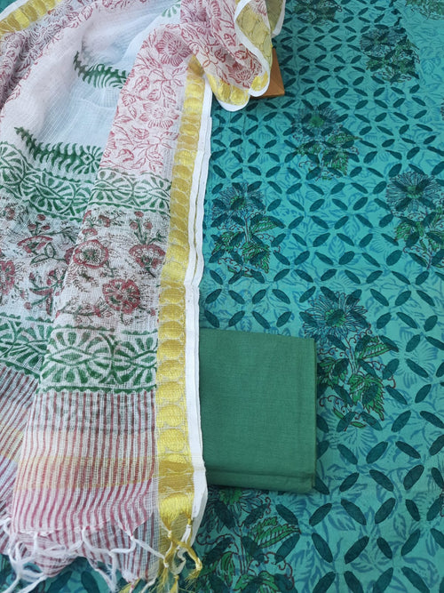 Turquoise Green Cotton Applique Cut Work Suit With Kota Zari Dupatta
