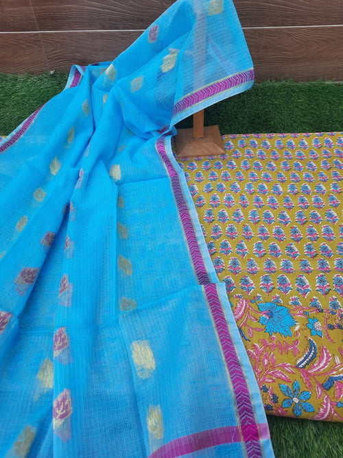 Pastel  color cotton suits with kota doriya zari weaving dupatta