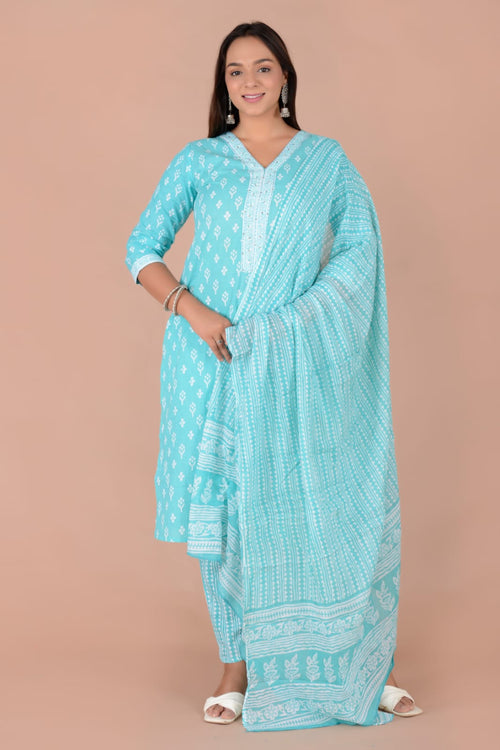 sea green color cotton  Suits With mulmul cotton  Dupatta