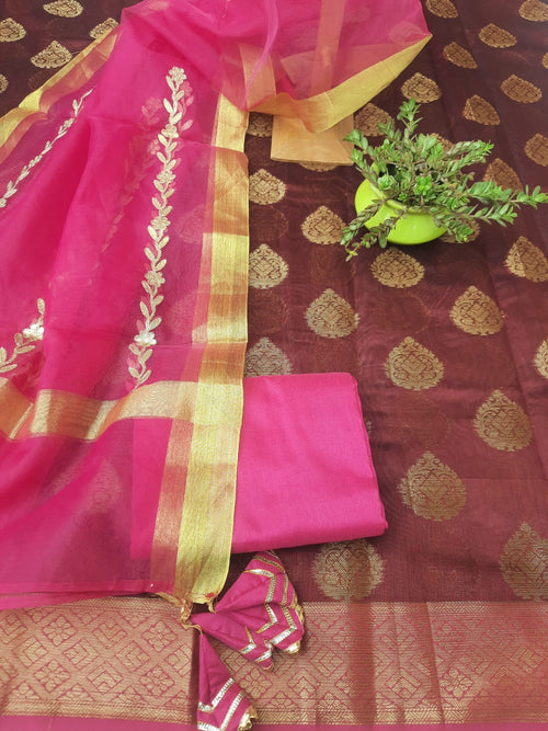 Maroon COLOR BANARASI dress material WITH organza silk  DUPATTA
