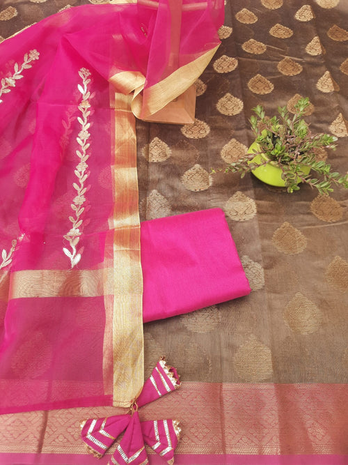 Golden brown color banarsi  with organza silk dupatta dress material