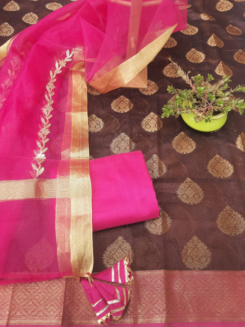 Beautiful  brown color Banarasi silk dress material  With organza silk dupatta