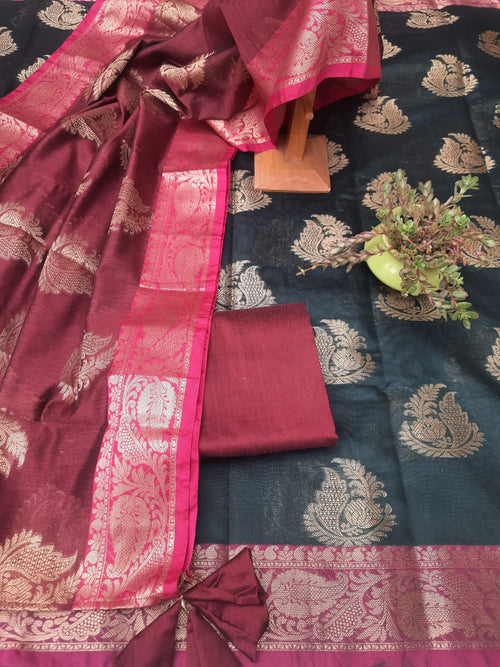 Dark grey color banarasi silk with maroon color dupatta