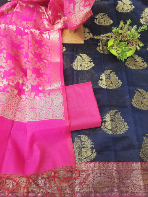 Dark blue banarsi silk with rani color Banarsi  silk Dupatta