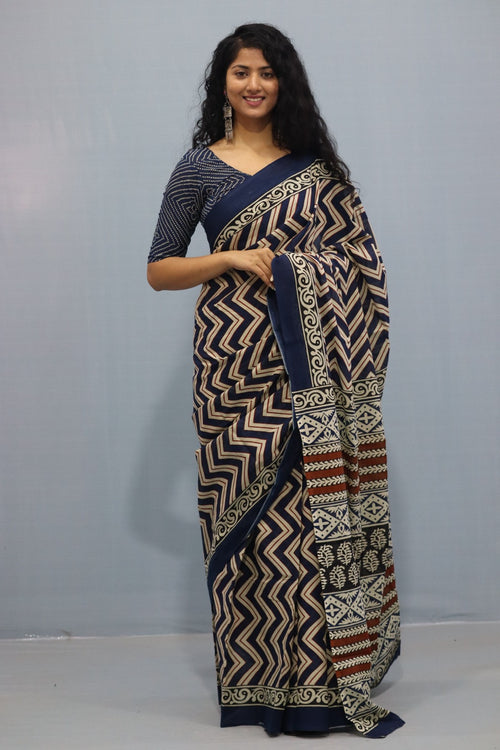 Black  color Cotton hand block print Saree - Aaditri fab