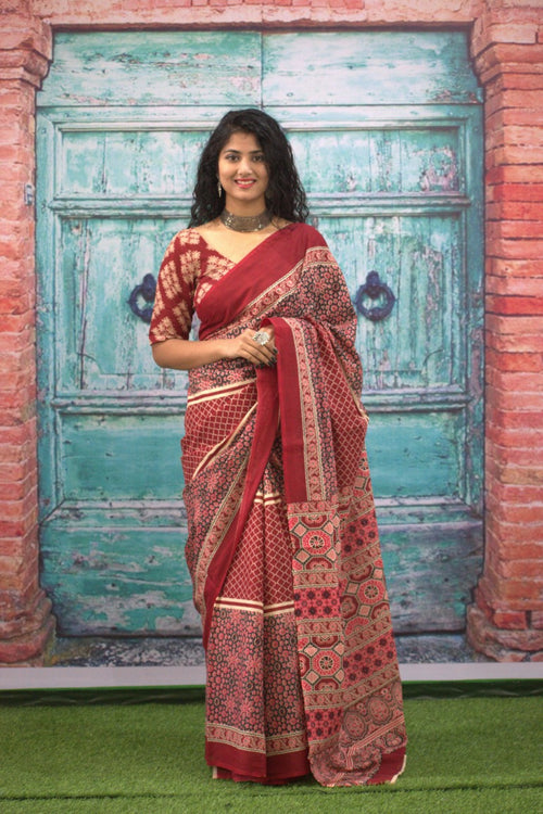 Maroon color Cotton hand block print Saree - Aaditri fab