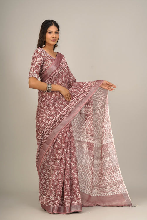 Pastel color handloom linen block print saree