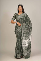 Pastel  green color handloom linen block print saree