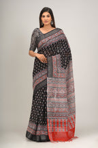 Black color handloom  linen block print saree
