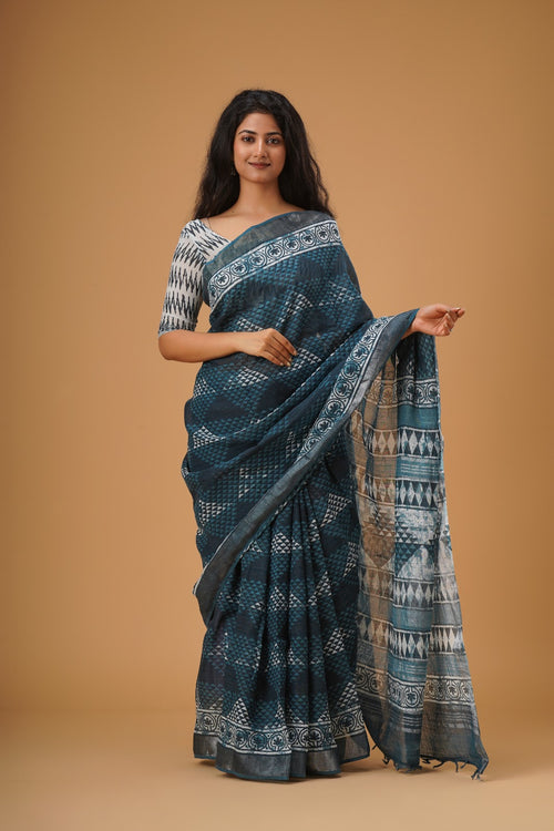 INDIGO  color handloom linen block print saree