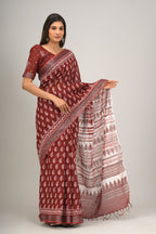 Maroon HANDLOOM LINEN SAREE WITH block print