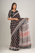 Handloom linen black color block print saree
