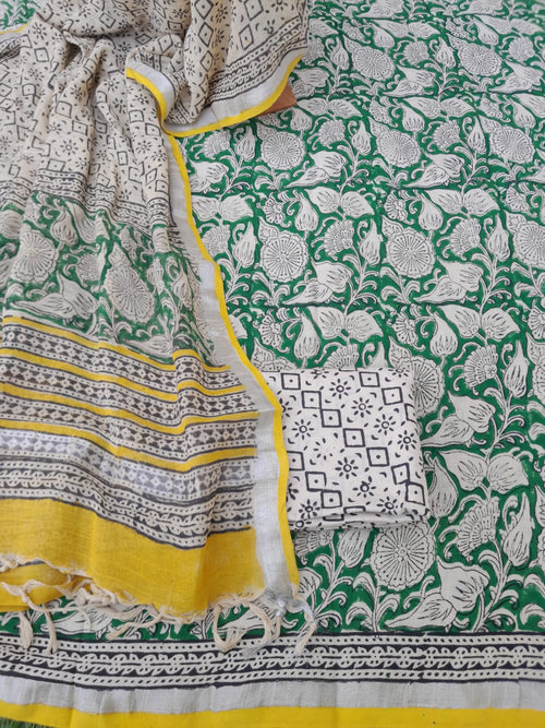 Pure linen hand block print with line dupatta