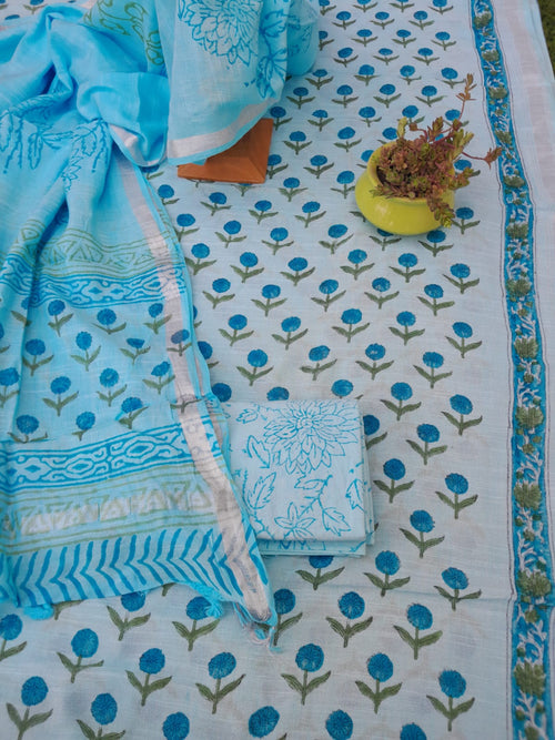 Pure linen hand block print mint blue color with linen dupatta