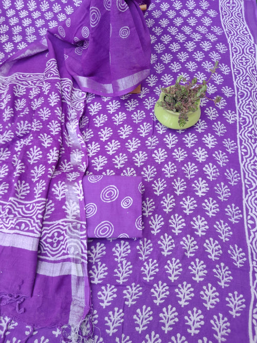 Pure linen hand block print with linen dupatta