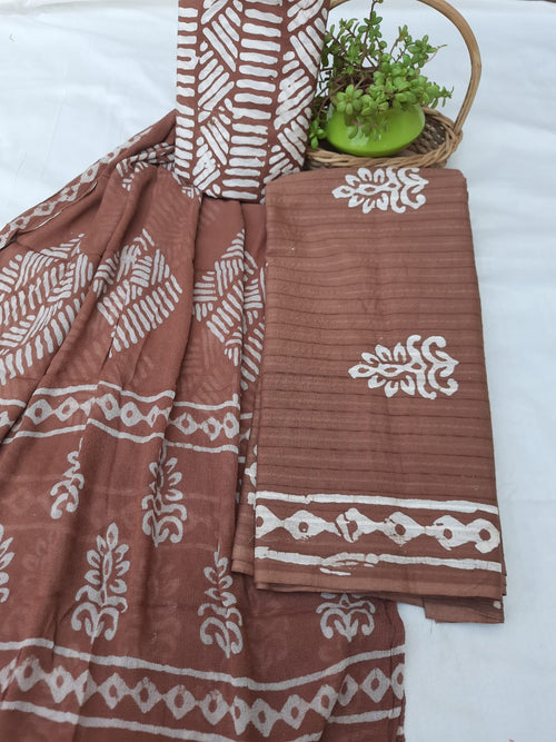 Chocolate brown color cotton dress material with chiffon dupatta