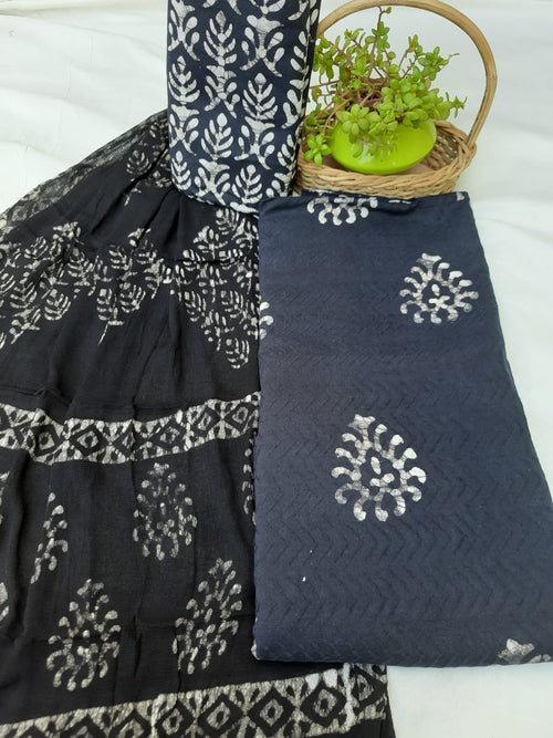 Black color cotton dress material with pure chiffon dupatta