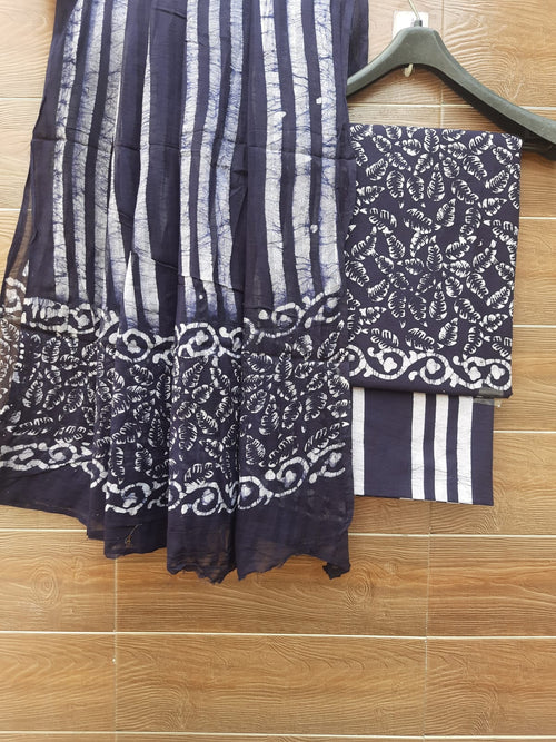 Dark blue color cotton dress material with mulmul cotton dupatta